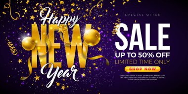 Happy New Year Sale 2025 Design with 3d Gold Typography Lettering, Christmas Ball and Falling Confetti on Dark Background. Holiday Special Offer Campaign Discount Illustration for Coupon, Voucher clipart