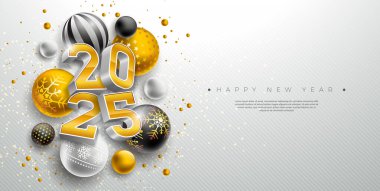Mutlu yıllar 2025 Banner Illustration with 3d Gold Number ve Christmas Ball on White Faground. Flyer, Tebrik Kartı, Kutlama Posteri ve Parti İçin Tipografi Harfleriyle Tatil Tasarımı