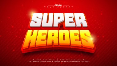 Süper Kahramanlar 3D Metin Efekti Düzenlenebilir Tasarım ve Ölçeklenebilir Vektör Grafik Stili Efekti Sarı ve Kırmızı Arkaplanda Gölgeli Beyaz Typography Lettering. Premium Çizgi Film veya Film İllüstrasyonu