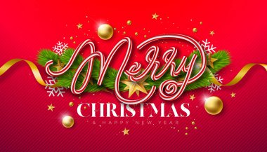 Mutlu Noeller ve mutlu noeller Noel Şeker Çubuğu Typography Letter Fir 'avn Branch ve Kırmızı Arkaplanda Süslü Balo. Vektör Xmas Tatil Sezonu Kutlama Kartı Tasarımı