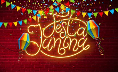 Parti Bayrakları ve Kağıt Fenerli Festa Junina Illustration ve Eski Tuğla Duvarda Parlayan Neon Işık Mektubu. Vector Brazil June Sao Joao Festival Tasarımı Banner, Tebrik Kartı, Davetiye veya Tatil Posteri Tasarımı