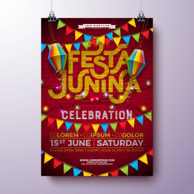 Festa Junina Parti Flyer Design with Bayraklar, Paper Lantern and Typography on Brick Wall Background. Vector Brazil Haziran Festivali İllüstrasyon Kutlama Posteri veya Bayram Davetiyesi. Geleneksel