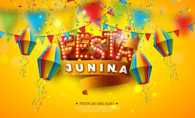Parti Bayrakları, Konfeti ve Arraia ampul reklam panosu ile Sarı Arkaplan üzerine Festa Junina Illustration. Brezilya Vektörü Sao Joao Haziran Festivali Kutlama Kart, Bayrak veya Tatil Tasarımı
