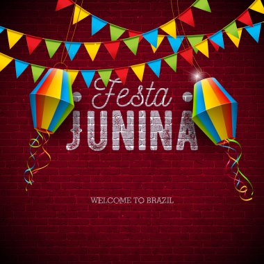 Parti Bayrakları ve Kağıt Fenerli Festa Junina Illustration ve Klasik Tuğla Duvarı Arkaplanındaki Typography Lettering. Vector Brazil June Sao Joao Festival Tasarımı Banner için Typography, Greeting