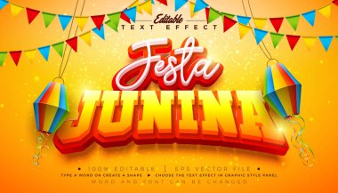 Festa Junina 3D Metin Efekti Tasarım Düzenleme ve Ölçeklenebilir Grafik Biçimi Efekti ile Typography Lettering and Shadow on Yellow Background. Parti Bayrağı ve Kağıdıyla En İyi Resim Şablonu