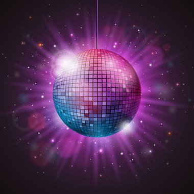 Parlak Disko Balosuyla Parlak Gece Arkaplanında Yansıtıcı Yüzey ve Parlak Parlak Parlak Parlayan Parti Resimleri. Bayrak, Flyer, Tebrik Kartı, Davetiye veya Tatil Posteri için Vektör Festivali Tasarımı