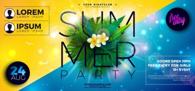 Çiçekli ve Egzotik Palmiye Yaprakları ve Tropikal Ada Arkaplanındaki Typography Lettering ile Yaz Plajı Parti Pilotu Tasarımı. Banner, Flyer, Davet ya da Poster İçin Vektör Yaz Tatili Resimleri