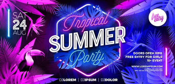 Flüoresan Tropik Yapraklar Üzerine Parlayan Neon Işıklı Yaz Partisi Afişi Tasarım Şablonu. Banner, Flyer, Davet ya da Kutlama Posteri için Vektör Yaz Kutlaması İllüstrasyonu