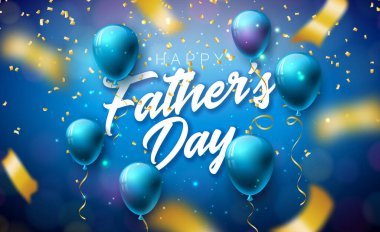 Parti Balonu, Düşen Konfeti ve Parlak Mavi Arkaplandaki Typography Lettering ile Babalar Günü tebrik kartı tasarımınız kutlu olsun. En İyi Baba için Vektör Kutlama Çizimi. Babalar Günü Şablonu