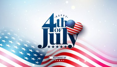 ABD Vektör İllüzyonu 'nun 4 Temmuz Bağımsızlık Günü Amerikan Bayrak Paterni Kalbi ve Işık Arkaplan Üzerine Typography Letter ile. 4 Temmuz Ulusal Bayrak Tasarımı, Selamlama