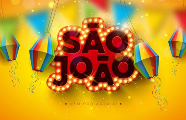 Parti Bayrakları, Konfeti ve Sarı Arkaplanda Sao Joao Ampul Billboard Mektubu ile Festa Junina Banner Illustration. Vector Brazil Haziran Festivali Post Card, Tebrik Kartı Tasarım Şablonu
