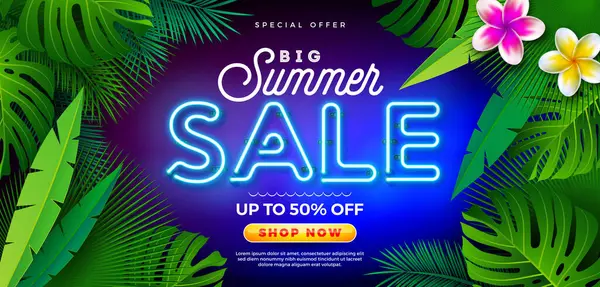 Flüoresan Tropik Yapraklar Arkaplanında Çiçekli ve Parlayan Neon Işıklı Yaz Satışı Tasarımı. Tropikal Çiçek Vektörü İllüstrasyonu Kupon, Kupon, Fiş, Flyer için Özel Teklif Tipografisi