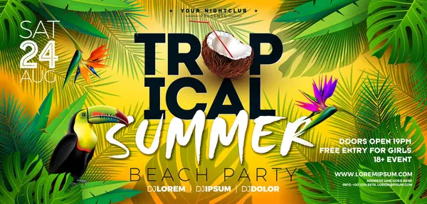 Yaz Partisi Flyer Design with Flower, Tropical Palm Leaves and Toucan Bird on Yellow Background. Vector Summer Beach Kutlama Şablonu Çiçek Elementleri, Bitkiler ve Typography Letter