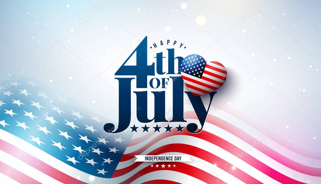 4th of July Independence Day of the USA Vector Illustration with American Flag Pattern Heart and Typography Letter on Light Background. Fourth of July National Celebration Design for Banner, Greeting
