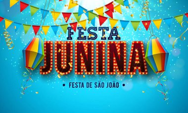 Parti Bayraklarıyla Festa Junina Banner Illustration, Paper Lantern ve Ampul İlan Panosu Mavi Düşen Konfeti Arkaplanı. Vector Brazil June Sao Joao Festival Posta Kartı Tasarım Şablonu
