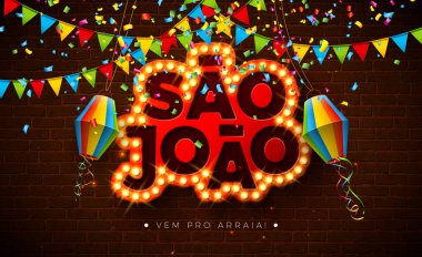 Parti Bayraklarıyla Festa Junina Banner Illustration, Paper Lantern ve Sao Joao ampul reklam panosu ile Brick Wall Background. Vector Brazil Haziran Festivali Post Card, Tebrik Şablonu