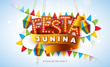 Parti Bayrakları, Konfeti ve Sarı Arkaplanda Ampul Billboard Mektubu ile Festa Junina Illustration. Brezilya Vektörü Sao Joao Haziran Festivali Kutlama Kart, Bayrak veya Tatil Posteri Tasarımı