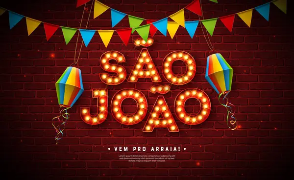 Parti Bayrakları ve Kağıt Fenerli Festa Junina Illustration ve Eski Tuğla Duvarda Parlayan Ampul Harfi. Brezilya Vektörü June Sao Joao Banner için Tipografi Tasarımı