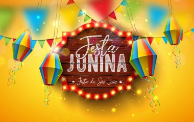 Festa Junina Banner Illustration with Party Flags, Confetti and Typography Lettering on ampul billboard on Yellow Background. Brezilya Vektörü Sao Joao Haziran Festivali Kutlama Kartı Tasarımı, Bayrak