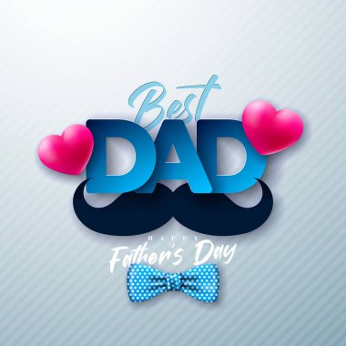 Mutlu Babalar Günü tebrik kartı tasarımı noktalı papyon, bıyık, kalp ve tipografi ile beyaz arka plan. En İyi Baba için Vektör Kutlama Çizimi. Babalar Günü Şablonu