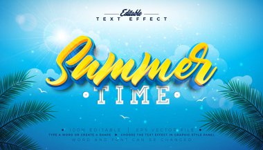 Yaz Saati 3D Metin Efekti Düzenleme ve Mavi Bulutlu Gökyüzü Arkaplanı Üzerine Harf ve Gölge Yazı Harfleri ile Boyutlandırılabilir Vektör Biçim Efekti. Tropikal Palmiyeli Premium Çizim Şablonu