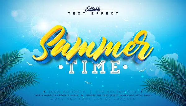 Yaz Saati 3D Metin Efekti Düzenleme ve Mavi Bulutlu Gökyüzü Arkaplanı Üzerine Harf ve Gölge Yazı Harfleri ile Boyutlandırılabilir Vektör Biçim Efekti. Tropikal Palmiyeli Premium Çizim Şablonu
