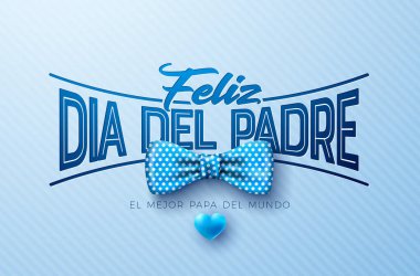 Mutlu Babalar Günü Kutlama Kartı Tasarımı Açık Mavi Arkaplanda Noktalı Papyon ve Kalp. Feliz Dia del Padre İspanyolca Sevilen ve En İyi Baba İllüstrasyonu. Banner için Şablon