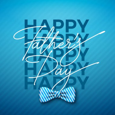 Çizgili papyonlu ve mavi arkaplanlı tipografi mektuplu Babalar Günü tebrik kartı tasarımınız kutlu olsun. En İyi Baba için Vektör Kutlama Çizimi. Banner için Babalar Günü Şablonu, Flyer