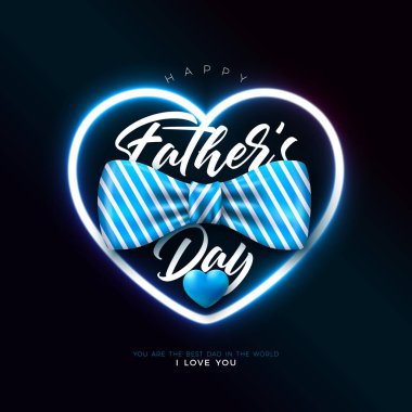 Mutlu Babalar Günü Kutlama Kartı Tasarımı Parlayan Neon Işık Kalp Şekli Çizgili Papyon ve Mavi Arkaplanda Typography Lettering. Sevilen ve En İyi Baba İçin Vektör Kutlama İllüstrasyonu