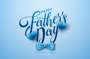 Noktalı papyon, kalp ve tipografi arkaplanda mektup yazan Babalar Günü tebrik kartı tasarımınız kutlu olsun. En İyi Baba için Vektör Kutlama Çizimi. Banner için Babalar Günü Şablonu