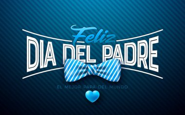 Mutlu Babalar Günü Kutlama Kartı Tasarımı Çizgili Papyon ve Kalp Mavi Arkaplanda. Feliz Dia del Padre İspanyolca Sevilen ve En İyi Baba İllüstrasyonu. Banner için şablon, Gönder