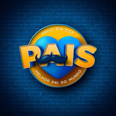 Mavi Kalp ve Mavi Bıyıklı Babalar Günü tebrik kartı tasarımın kutlu olsun. Feliz Dia dos Pais Portekizce Sevilen ve En İyi Babalar İçin Dil Vektörü İllüstrasyonu