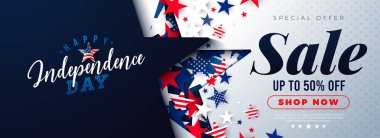 4 Temmuz Bağımsızlık Günü Bayrak Tasarımı Amerikan Bayrak Şablonu Düşen Yıldızlar ve Mavi Arkaplanda Typography Lettering. 4 Temmuz ABD Ulusal Tatil Vektörü İllüstrasyonuyla