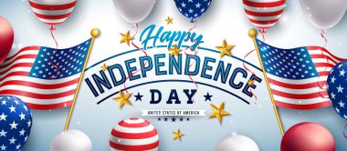 4 Temmuz Bağımsızlık Günü Sancak Tasarımı, Amerikan Bayrak Şablonu Balonu Işık Arkaplan 'da. 4 Temmuz ABD Ulusal Tatil Vektörü İllüstrasyonunda Uçuşun Tipografi Elementleri