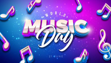 Flüoresan Arkaplan Üzerine 3 boyutlu Müzik Notaları ve Typography Letter ile Dünya Müzik Günü Banner Illustration. Uluslararası Vektör Uluslararası Haziran 21 Festival Web Afişi, Posta Kartı, Tebrik Şablonu