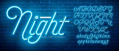 Eski Tuğla Duvarda Kablo ve Gölge ile Parlayan Neon Işık Alfabesi. Parlak Parlak Işıklı Retro Vector Yazı Tipi Koleksiyonu. ABC, Küçük Harf ve Büyük Harf Tasarımı