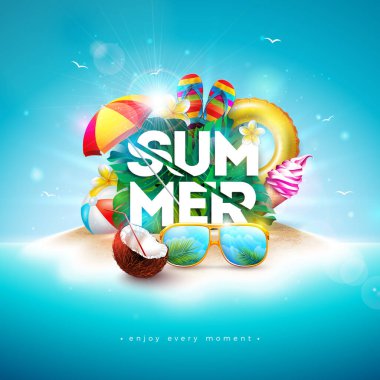 Flower, Beach Holiday Elements ve Typography Lettering Tropikal Ada Arkaplanlı Yaz Tatil Afişi Tasarımı. Flyer, Davetiye, Broşür, Poster İçin Güneş Işığıyla Vektör Resimleri