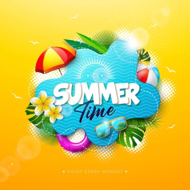 Çiçekli Yaz Tatili Afişi Tasarımı, 3d Metin Etiketi ve Güneş Sarı Arkaplanda Renkli Plaj Elementleri. Plaj topu, güneş gözlüğü ve plaj resimli vektör tropikal tipografi