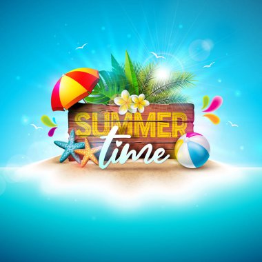 Tropikal Ada Arkaplanı 'nda Çiçekli Yaz Tatili Sancak Tasarımı, Plaj Balosu ve Klasik Ahşap Tahta Mektupları. Flyer ve Davetiye İçin Güneş Işığıyla Vektör Tatil Resimleri