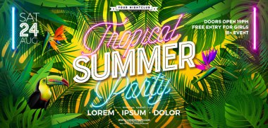 Parlayan Neon Işığı, Çiçek ve Tropikal Yapraklar Sarı Arkaplanda Tasarım Şablonu. Vector Yaz Müziği ve Dans Kutlaması Uçucu ve Davetiye Ağı için Tatil Resimleri