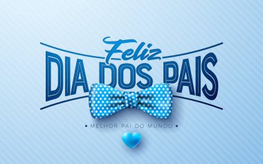 Mavi Kalp ve Mavi Fonda Papyonlu Babalar Günü tebrik kartı tasarımınız kutlu olsun. Feliz Dia dos Pais Portekizce Sevilen ve En İyi Babalar İçin Dil Vektörü İllüstrasyonu. Banner için Şablon