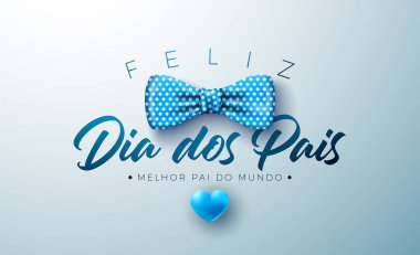 Mutlu Babalar Günü Kutlama Kartı Tasarımı Mavi Kalp ve Açık Mavi Arkaplan Papyonlu. Feliz Dia dos Pais Portekizce Sevilen ve En İyi Babalar İçin Dil Vektörü İllüstrasyonu. Banner için Şablon