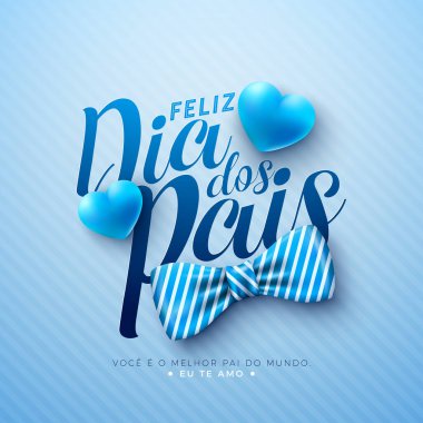 Mutlu Babalar Günü Kutlama Kartı Tasarımı Mavi Kalp ve Açık Mavi Arkaplanda Çizgili Papyon. Feliz Dia dos Pais Portekizce Sevilen ve En İyi Babalar İçin Dil Vektörü İllüstrasyonu. Şablon