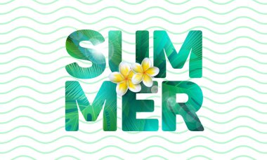 Çiçekli Yaz Tatili Afişi Tasarımı ve Soyut Vintage Wavy Arkaplanda Metin Etiketinde Tropikal Palmiye Yaprakları. Parti Pilotu, Davetiyesi, Seyahat Broşürü için Vektör Egzotik Tatil Çizimi