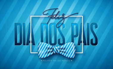 Mavi Yürekli, Papyonlu ve Mavi Arkaplanda Tipografi Mektuplu Babalar Günü tebrik kartı tasarımınız kutlu olsun. Feliz Dia dos Pais Portekizce Sevilen ve En İyi Babalar İçin Dil Vektörü İllüstrasyonu