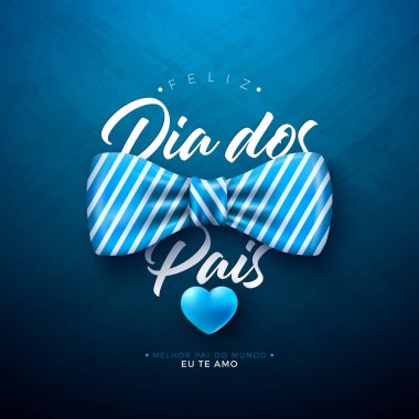 Mavi Kalp ve Mavi Fonda Papyonlu Babalar Günü tebrik kartı tasarımınız kutlu olsun. Feliz Dia dos Pais Portekizce Sevilen ve En İyi Babalar İçin Dil Vektörü İllüstrasyonu. Banner için Şablon