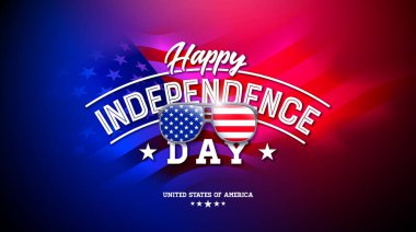 4 Temmuz Bağımsızlık Günü Sancak İllüstrasyonu. Mavi Arkaplanda Amerikan Bayrağı ve Typography Lettering. Vector 4 Temmuz Ulusal Kartpostal Tasarımı, Selamlama