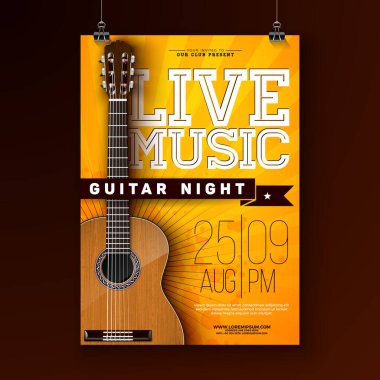 Caz Festivali Uçak Tasarımı Akustik Gitar ve Sarı Arkaplanda Typography Lettering. Vector Müzikal Sezon Tatil Posteri Web Afişi İllüstrasyon Şablonu, Kutlama Uçucusu