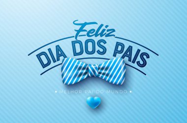 Mavi Yürekli Babalar Günü tebrik kartı tasarımı, papyon ve açık mavi arkaplanda tipografi mektubu. Feliz Dia dos Pais Portekizce Sevilenler ve En İyiler İçin Dil Vektörü İllüstrasyonu