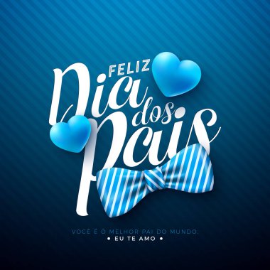 Mavi Kalp ve Mavi Fonda Papyonlu Babalar Günü tebrik kartı tasarımınız kutlu olsun. Feliz Dia dos Pais Portekizce Sevilen ve En İyi Babalar İçin Dil Vektörü İllüstrasyonu. Banner için Şablon